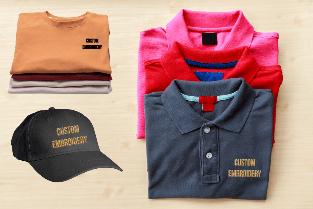67c0aa8bdb534_EMBROIDERY-SAMPLES-1024x683 A group of different colored shirts and hats.