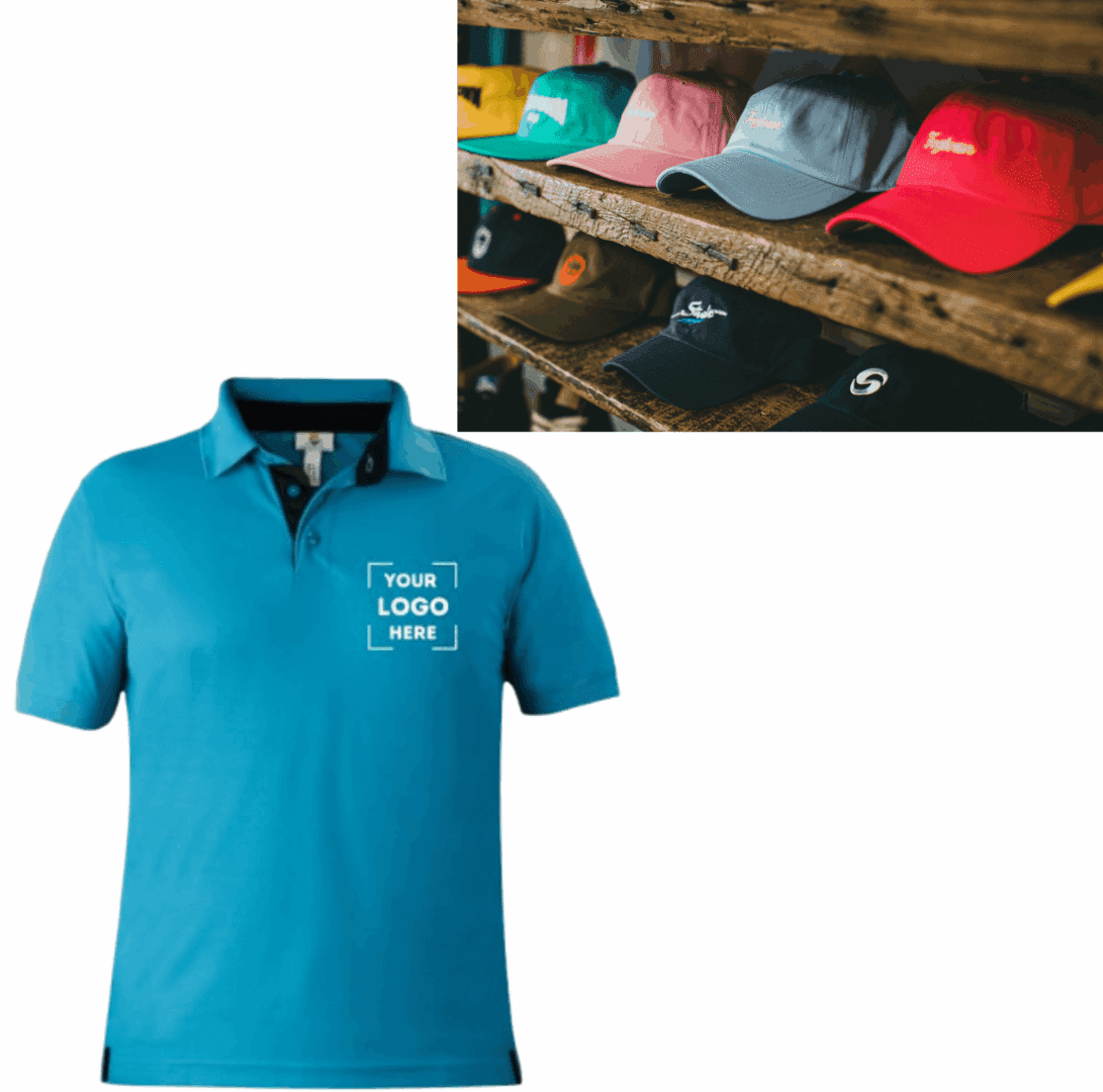 Untitled design (28) A blue polo shirt and many hats on display.