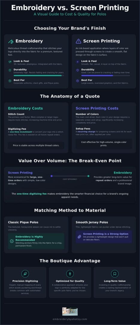 Embroidery vs Screen Printing Cost for Polos: 2026 Guide