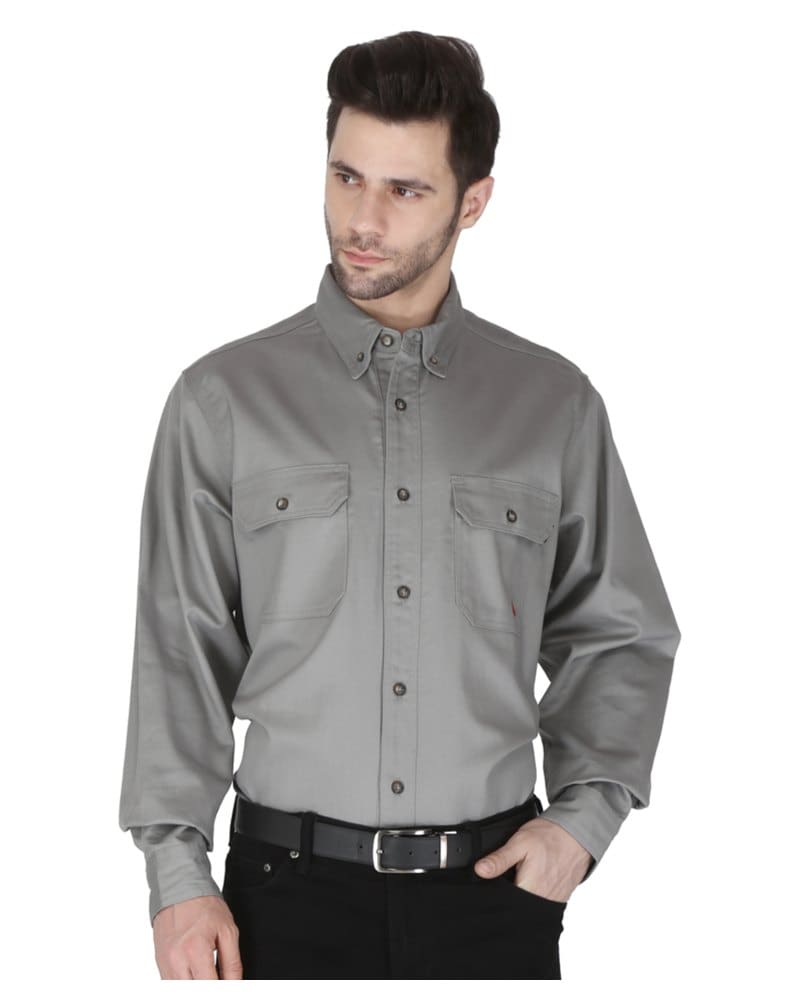 Forge FR MFRLB2PS024 Men's FR Solid Button Work Shirt in Light Grey, front